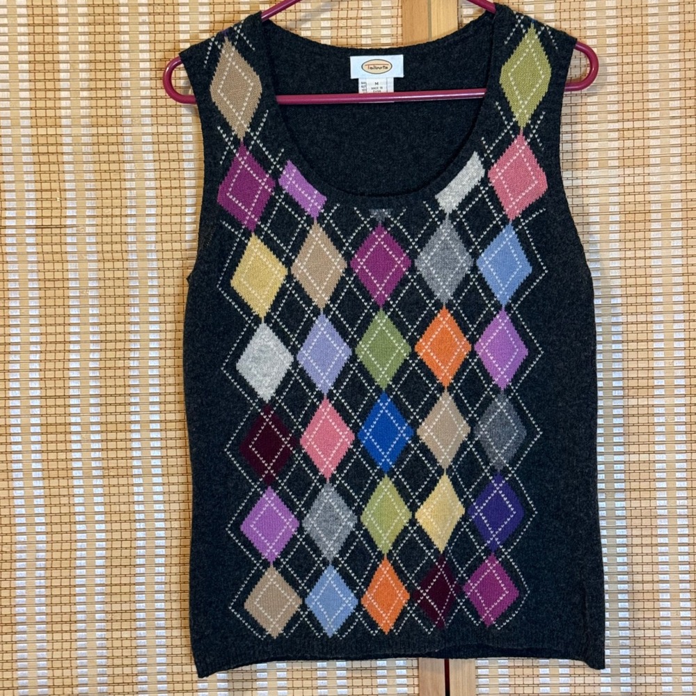 Talbots Argyle Sweater Vest Womens Medium Charcoal Grey Lambswool Cashmere Blend